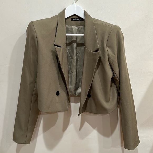 Nasty Gal Jackets & Blazers - Women’s Nasty Gal Cropped Shoulder Pad Open Blazer Peak Label Double Taupe